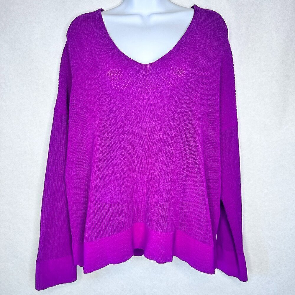 Eileen Fisher Corded V Neck Box Top Long Sleeve Sweater in Deep Mauve - Size M